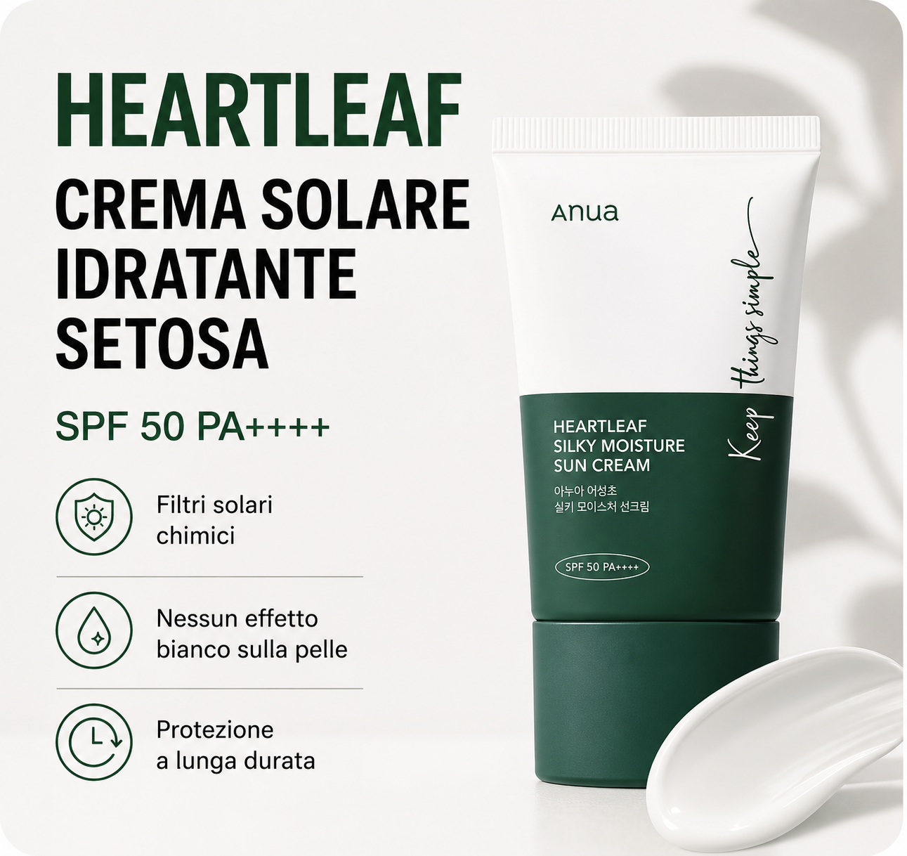 Anua - Heartleaf Silky Moisture Sun Cream™ SPF50+ PA ++++ Crema Solare